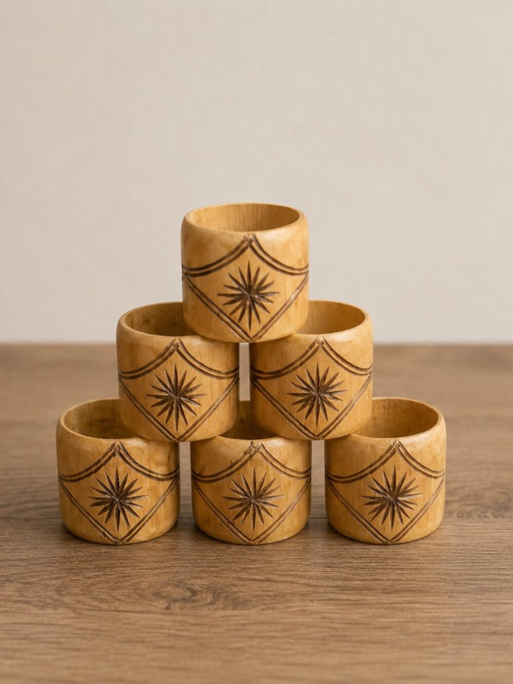 Vintage Hand Carved Bamboo Wood Napkin Rings Set of 6 Boho Tropical Decor